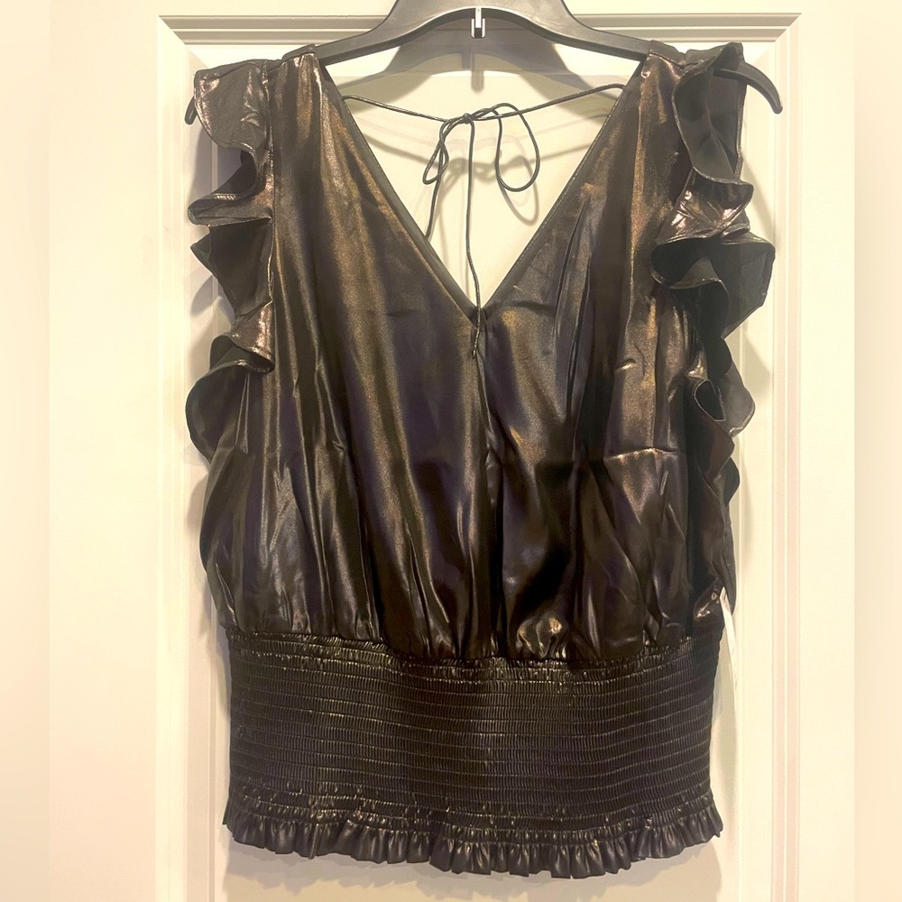 Nine West Metallic Black Ruffle Sleeve Blouse